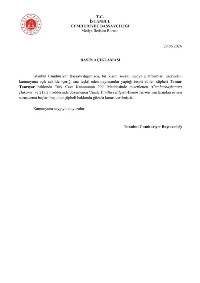 Tamar Tanrıyar hakkında sosyal medya paylaşımları nedeniyle gözaltı kararı
