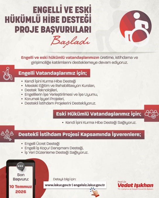Bakan Işıkhan: "Engelli ve Eski Hükümlü Hibe Desteği’nin 2026 yılı 4. dönem başvurularını başlatıyoruz"