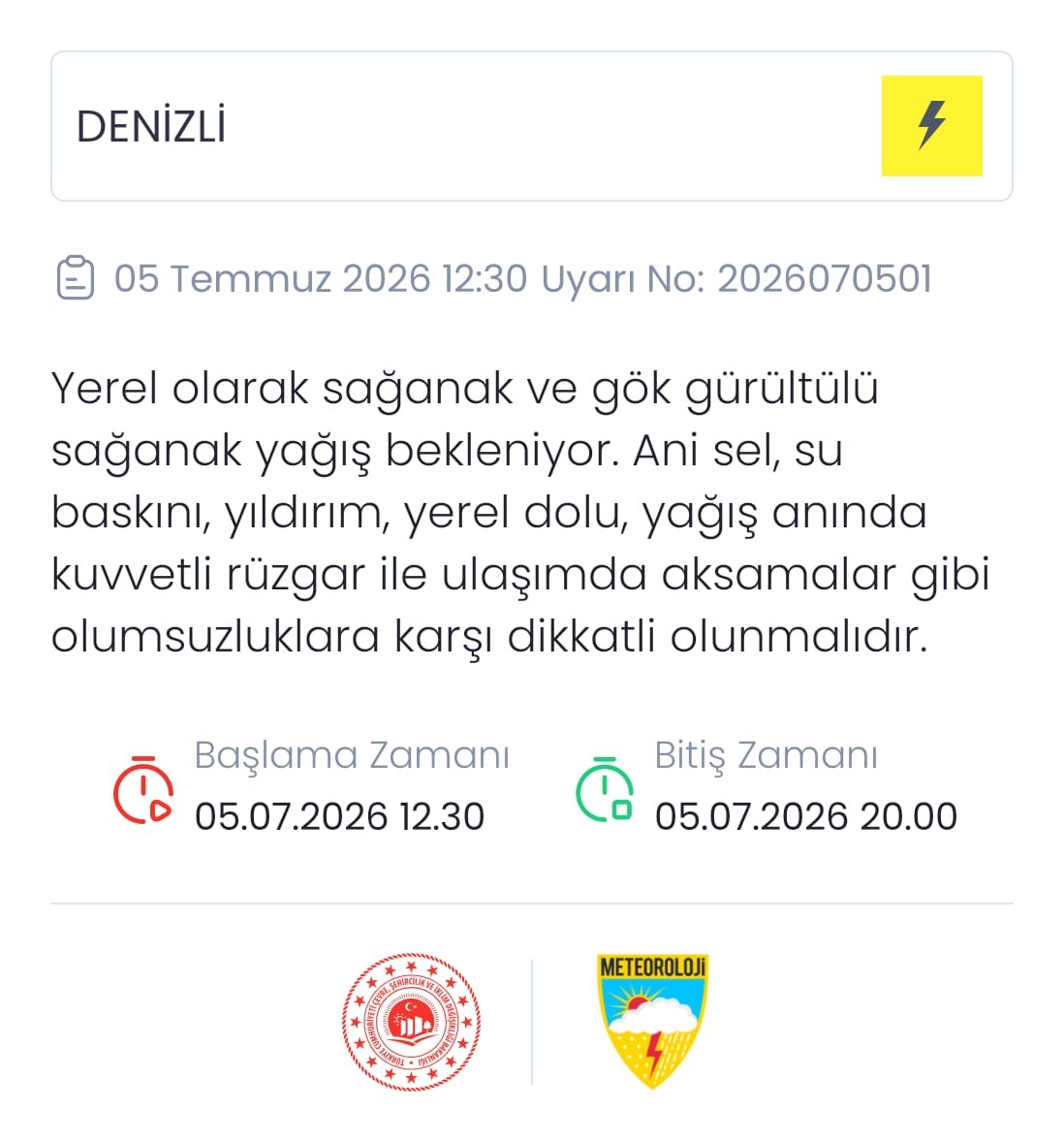 Denizli için kuvvetli yağış ve sel uyarısı