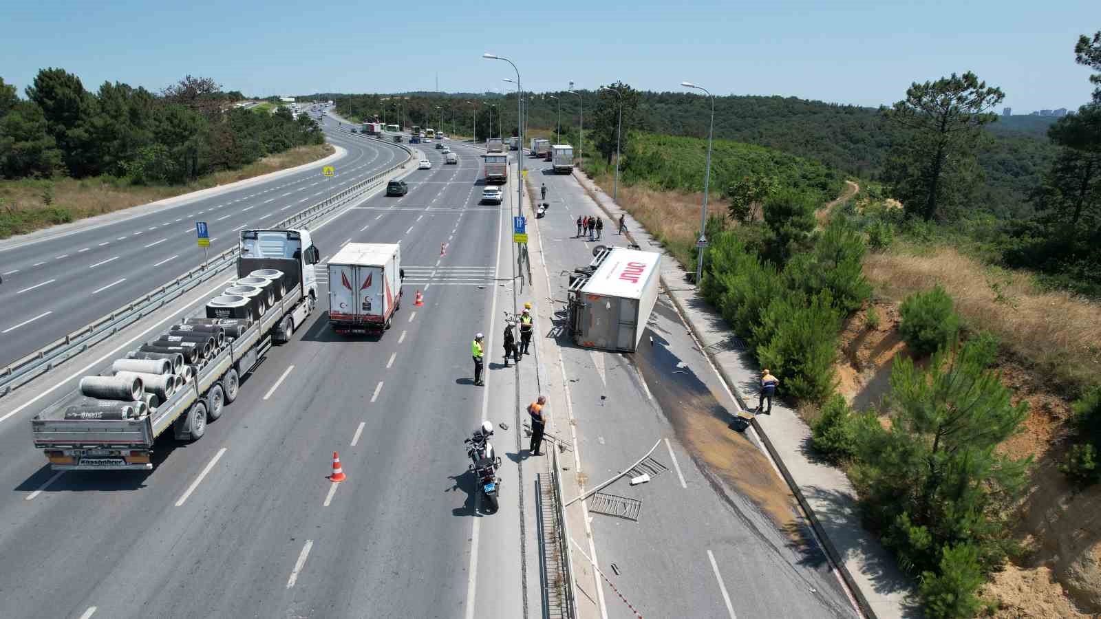 Kontrolden çıkan market kamyonu çevre yolundan yan yola devrildi