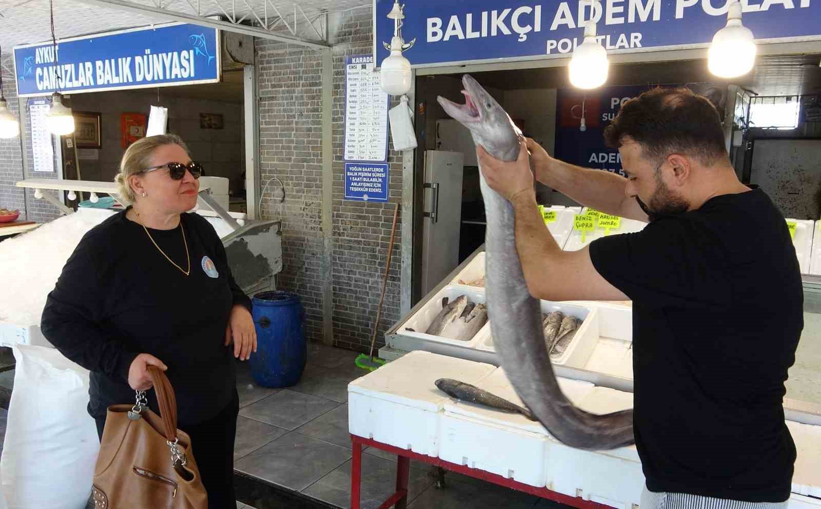 Mersin’de dev yılan balığı tezgahta ilgi odağı oldu