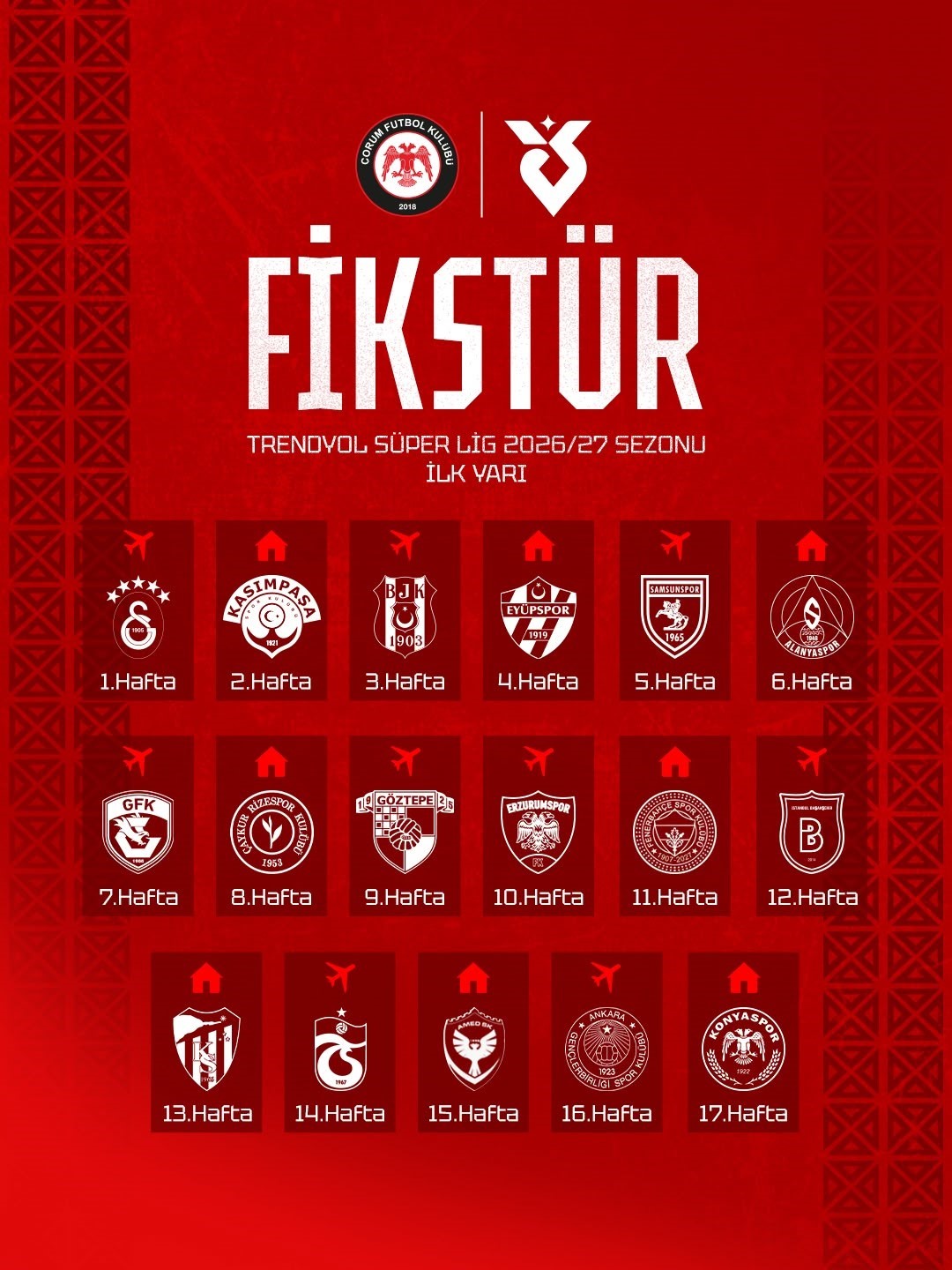 Çorum FK, Süper Lig macerasına Galatasaray deplasmanında başlayacak