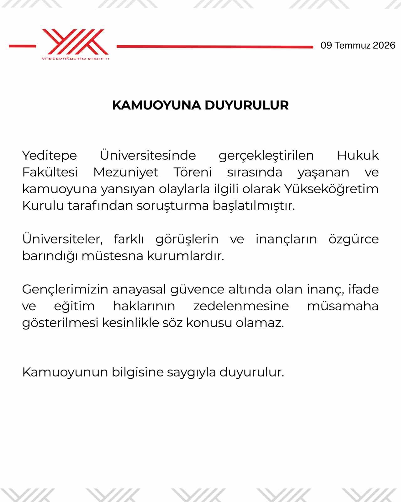 YÖK’ten Yeditepe Üniversitesinin mezuniyet törenindeki olaylara ilişkin soruşturma