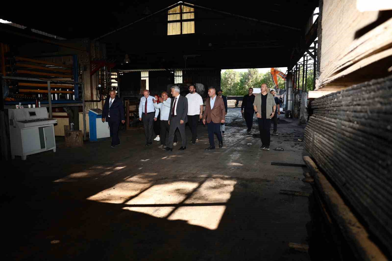Yanan orman ürünleri fabrikasında inceleme