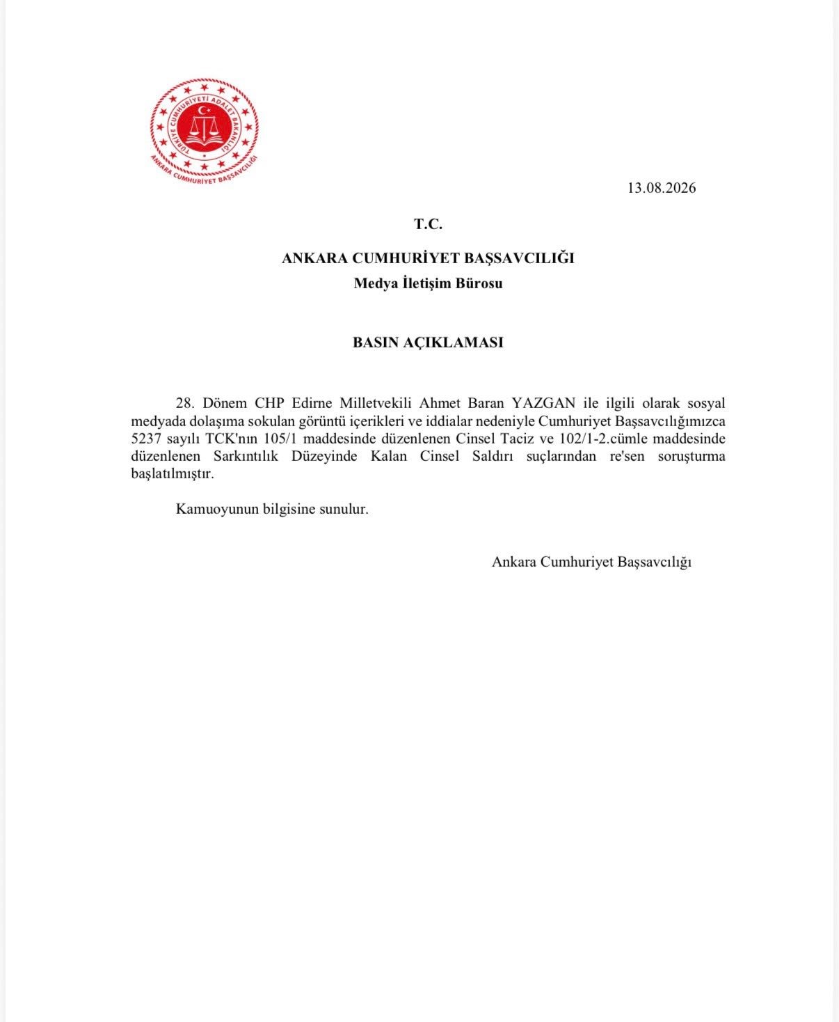 CHP’li Milletvekili Yazgan hakkında taciz iddiasıyla re’sen soruşturma başlatıldı