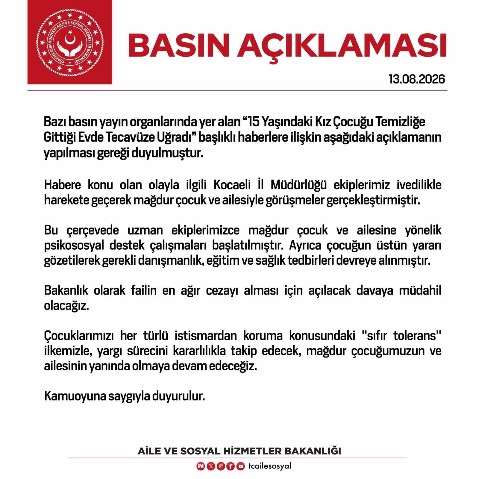 Aile ve Sosyal Hizmetler Bakanlığı, tecavüze uğradığı iddia edilen 15 yaşındaki kız için davaya müdahil olacak