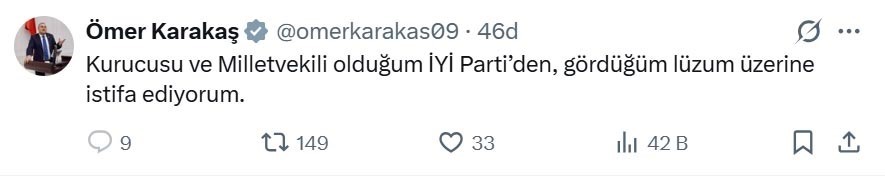 İYİ Parti Aydın Milletvekili Karakaş partisinden istifa etti