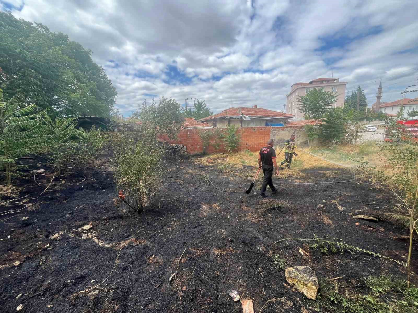 Çorum’da otluk alanda çıkan yangının evlere itfaiye önledi