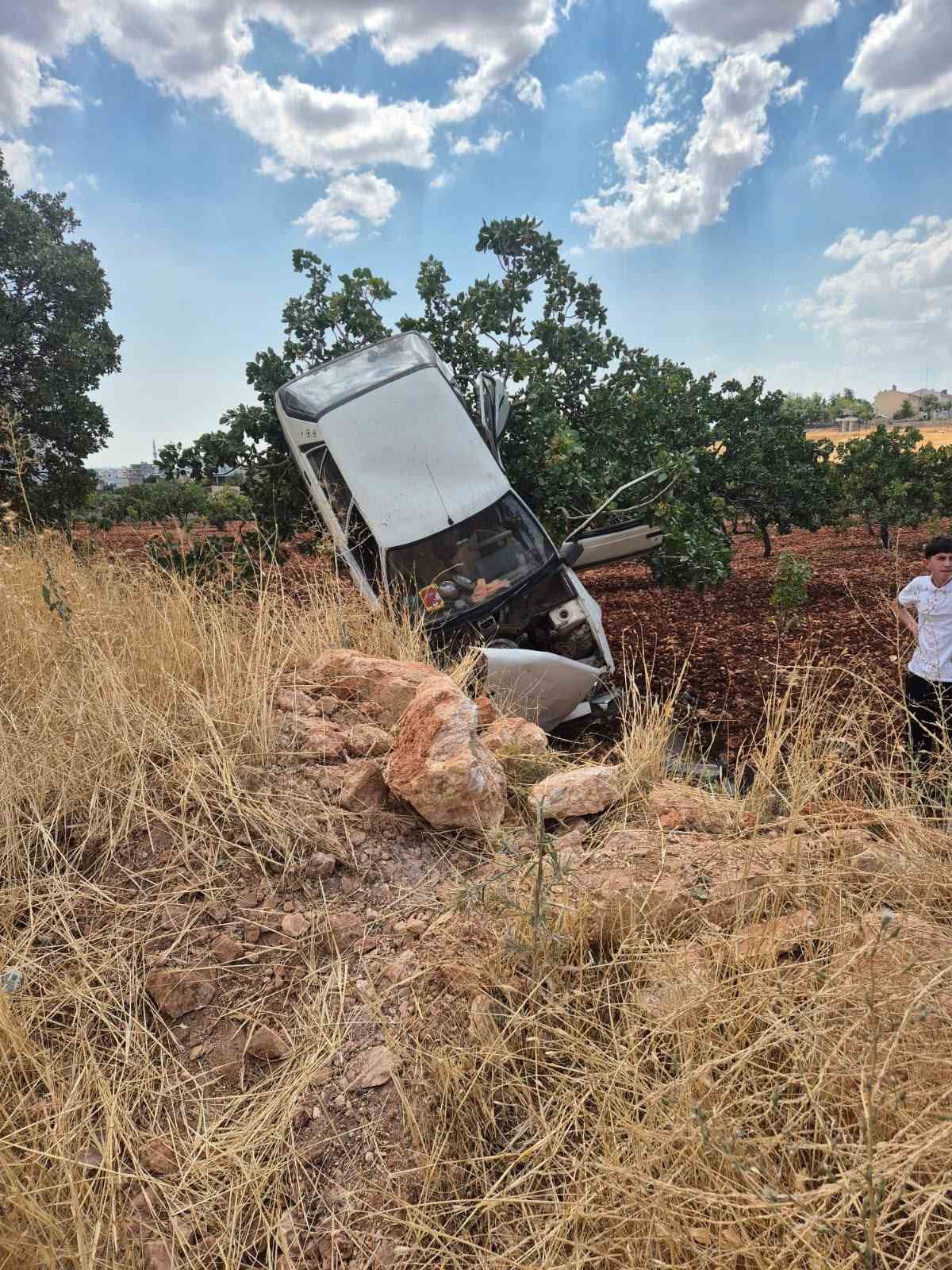 Kaza yapan otomobil fıstık ağacında asılı kaldı: 2 yaralı