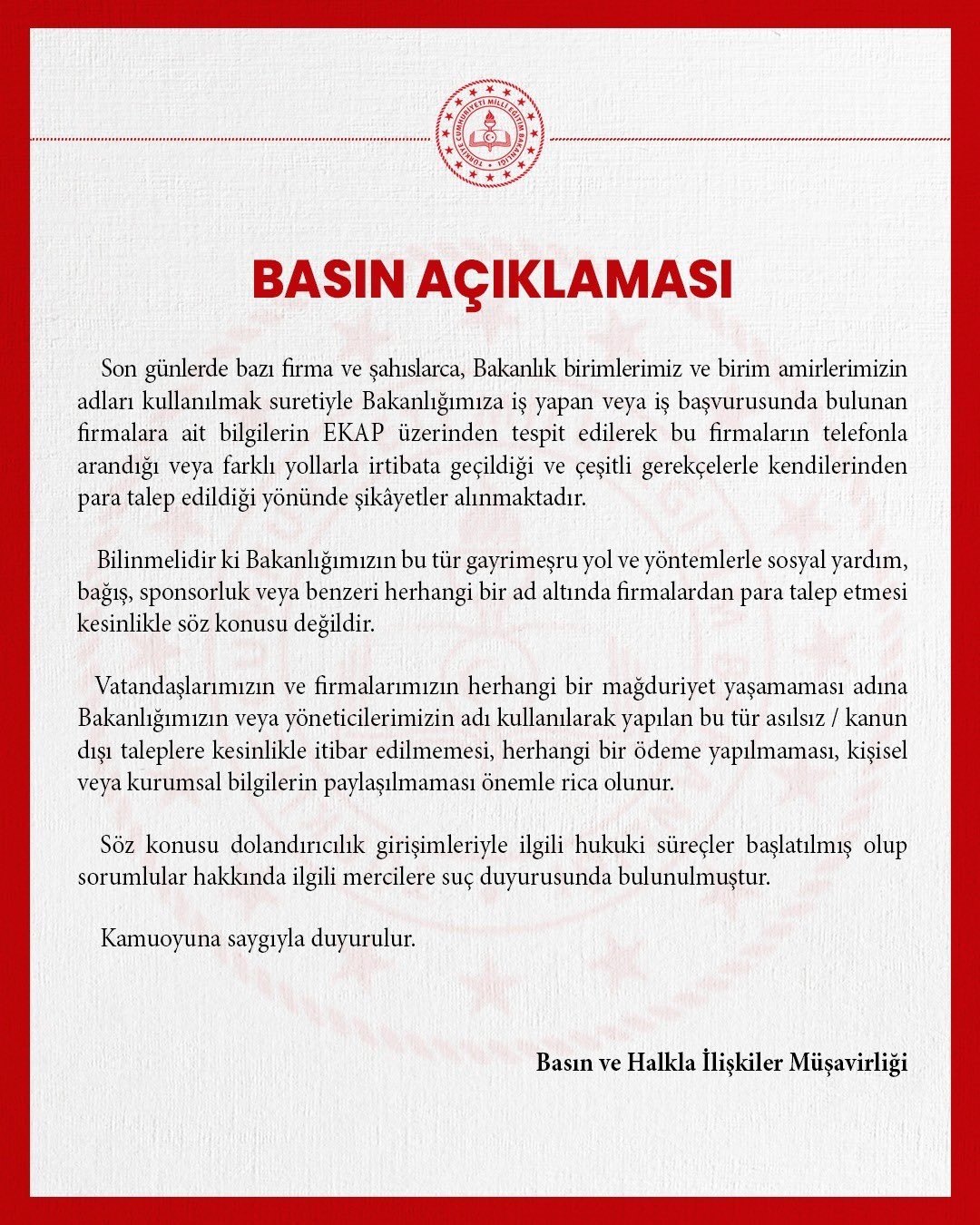 MEB: "Bakanlığımızın sosyal yardım veya bağış adı altında firmalardan para talep etmesi söz konusu değildir"