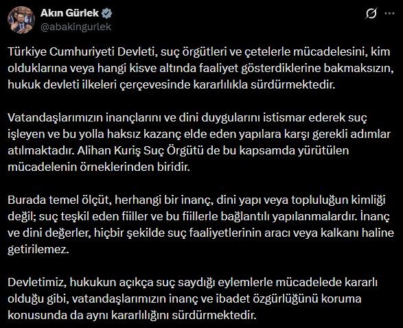 Bakan Gürlek: "İnanç ve dini değerler, hiçbir şekilde suç faaliyetlerinin aracı veya kalkanı haline getirilemez"