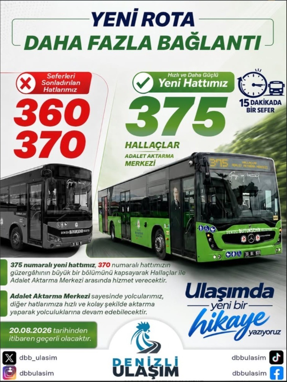 Denizli’de 360 ve 370 numaralı otobüsler iptal edildi, yeni 375 hattı başlıyor