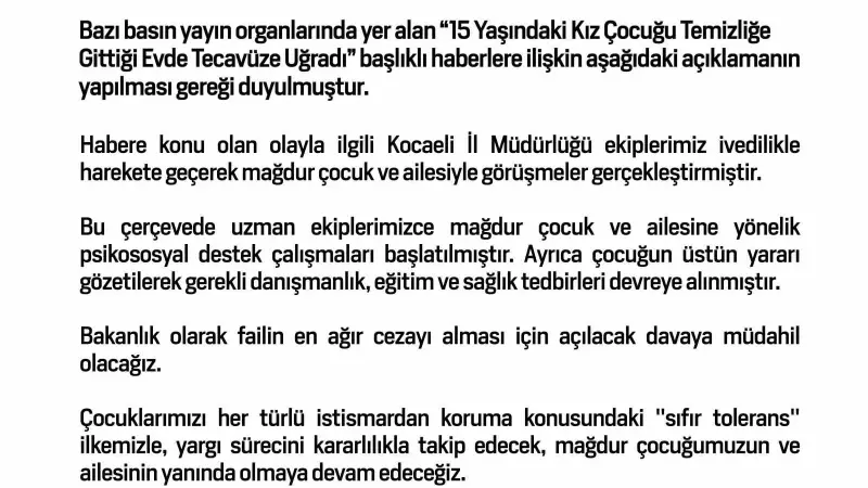 Aile ve Sosyal Hizmetler Bakanlığı, tecavüze uğradığı iddia edilen 15 yaşındaki kız için davaya müdahil olacak
